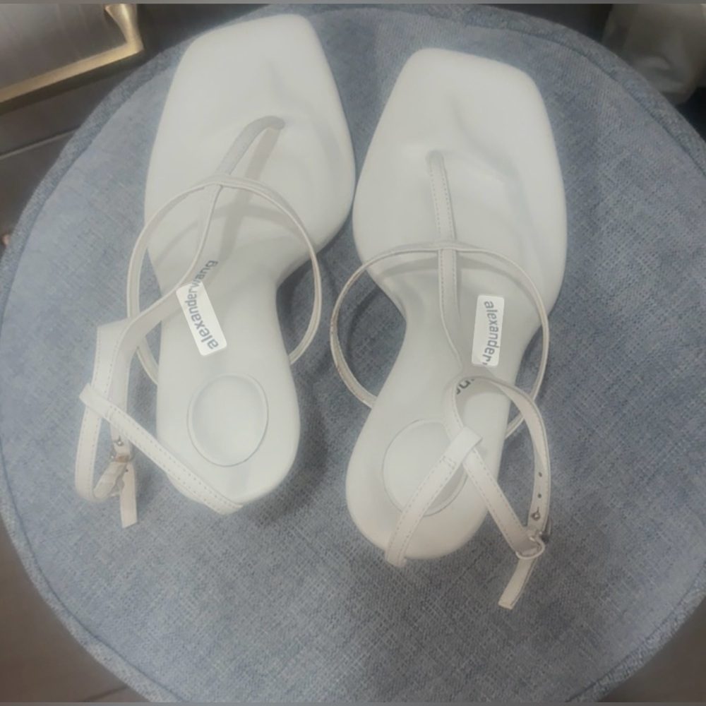 Alexander Wang Jessie kitten heel sandals in white.
Alexander Wang Jessie